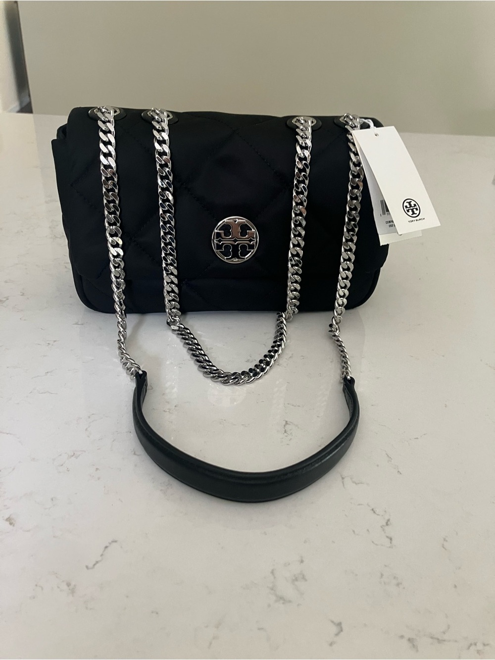 Tory Burch Willa Black Quilted Nylon Chain Shoulder Bag